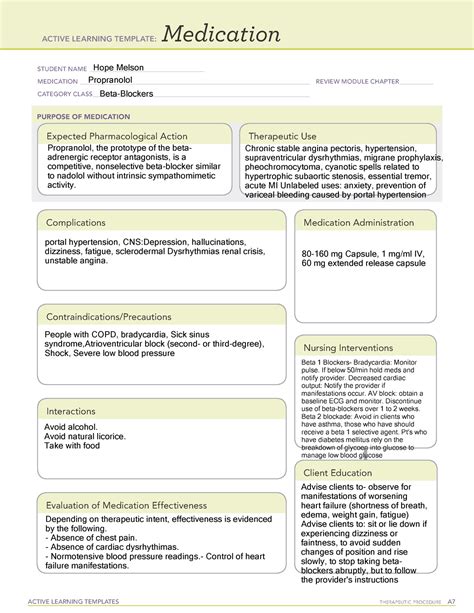 Nur211 <strong>ATI template</strong> 211 Med card Preview text ACTIVE LEARNING <strong>TEMPLATE</strong>: <strong>Medication</strong> Andres Cantu STUDENT Levetiracetam REVIEW MODULE CHAPTER__Lippincott CATEGORY CLASS__Anticonvulsants PURPOSE OF <strong>MEDICATION</strong> Expected Pharmacological Action May act inhibiting simultaneous. . Propranolol ati medication template